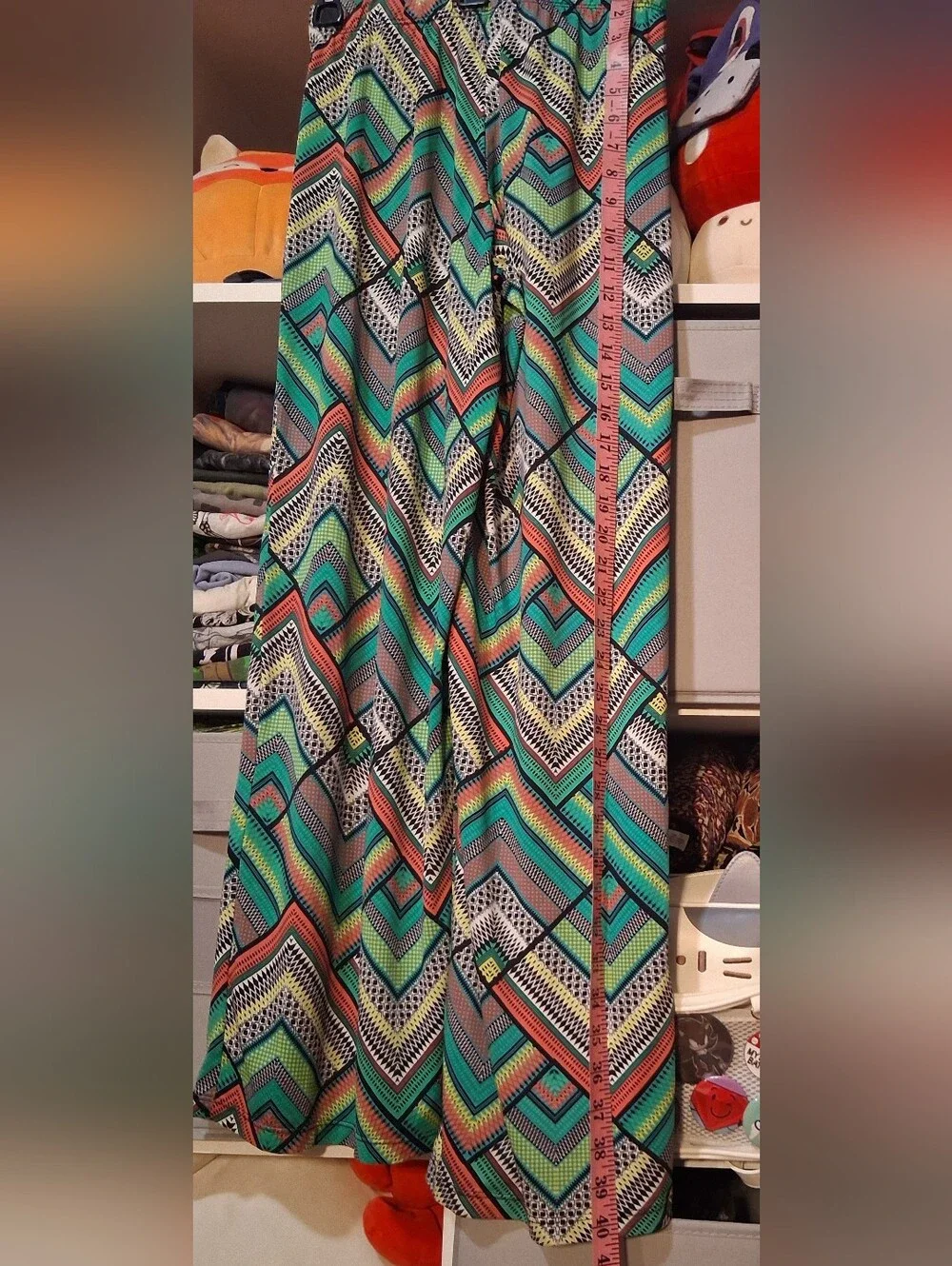 Patterned Wide-Leg Palazzo Trousers in Teal, Coral & Yellow - Picture 2 of 6